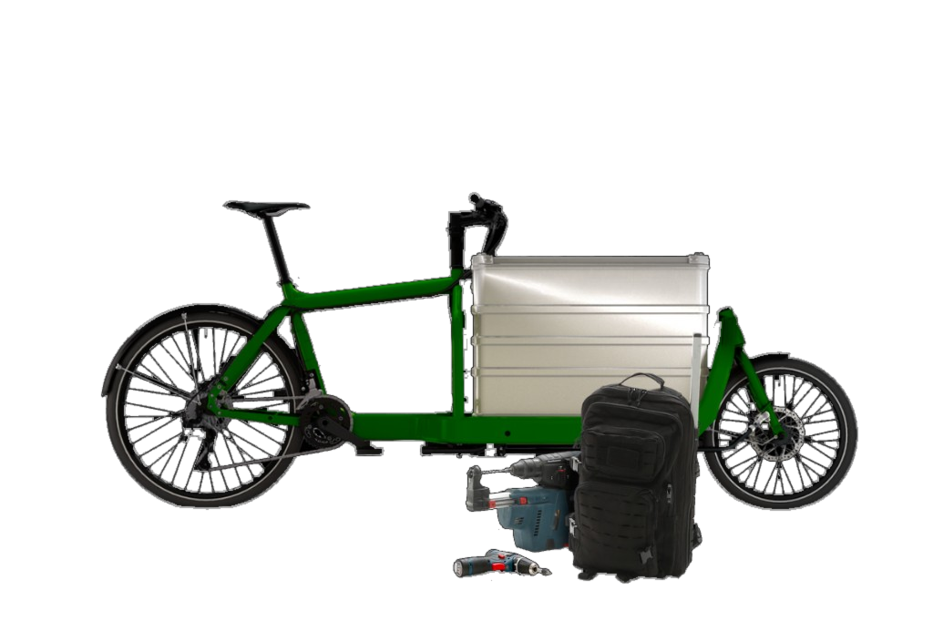 Grøn ladcykel med værktøjstaske og boremaskiner